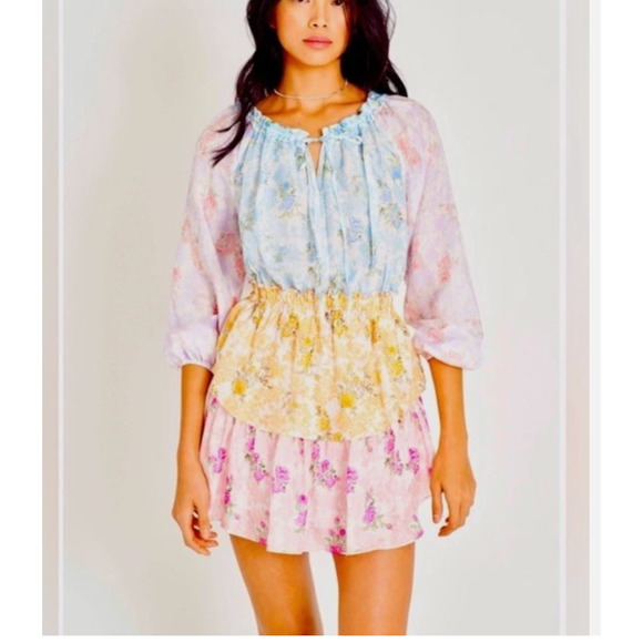 NWT LoveShackFancy popover silk mini dress rainbow cloud Gorgeous Floral Small - Picture 1 of 11